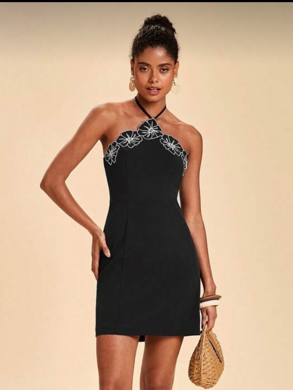 SHEIN Black Halter Mini Dress with White Floral Embroidery